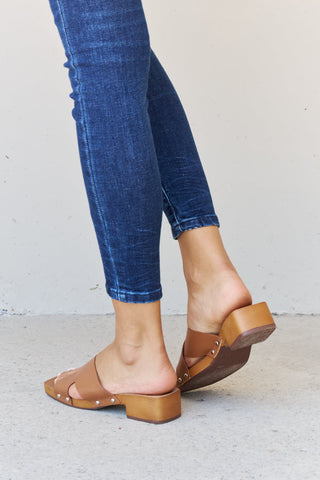 Step Into Summer Criss Cross Wooden Clog Mule in Brown