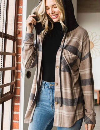 Plaid Shacket with Contrast Hood in Brown